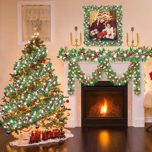 Miniatura 7 de 50 pies de decoraciones de Navidad con guirnalda de oropel con copo de nieve, árbol de Navidad rojo verde plateado brillante metálico girado