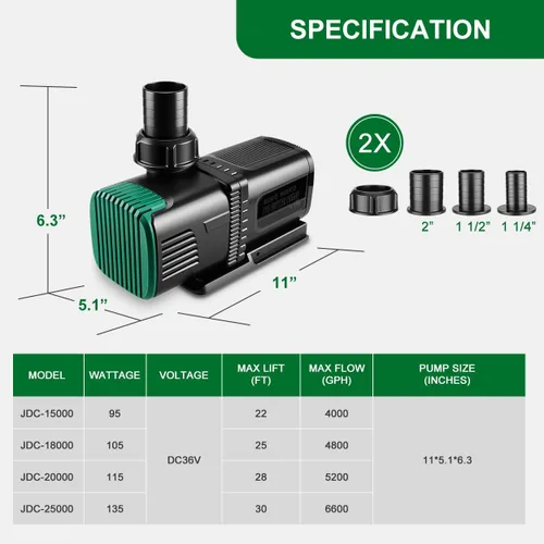 Miniatura 2 de Bomba de agua para acuario de 4800 GPH de 36 V CC con controlador, sumergible de 105 W y bomba de retorno en línea para peceras, fuentes, sumidero