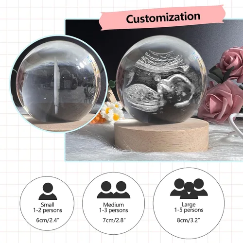 Miniatura 2 de Bola de Cristal con Foto de Ultrasonido Personalizada, Bola Decorativa Mágica de Cristal Láser 3D Personalizada con Soporte de Luz, Marco de Foto