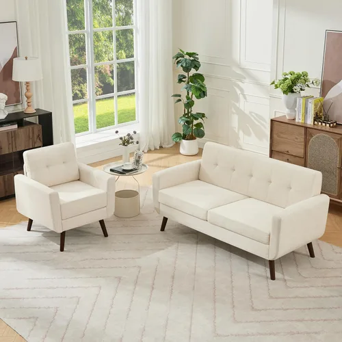 Tbfit Sofá moderno de mediados de siglo, beige, sofá biplaza y silla decorativa | lino tela