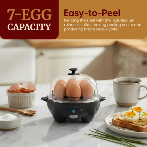 Miniatura 2 de Elite Gourmet EGC-007B # - Olla rápida para huevos, 7 huevos fáciles de pelar, duros, medianos, suaves, escalfador, máquina de tortillas, apagado