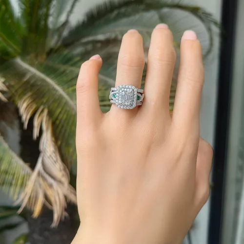 Miniatura 4 de DovEggs 4.3ct Total 6x8mm GHI Color Emerald Cut Moissanite Antqiue Double Halo Engagement Ring Zambia Emerald Sapphire Curved Enhancer Guard Band