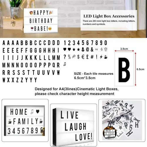 Miniatura 3 de Juego de letras de caja de luz cinematográfica de alta calidad, 293 piezas (104 negros + 104 multicolor + 85 iconos) – Nueva edición de plástico A4