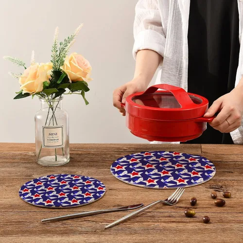 Miniatura 5 de Naanle Juego de salvamanteles de algodón moderno con diseño de estrellas y bandera de Estados Unidos para el 4 de julio, 2 posavasos redondos