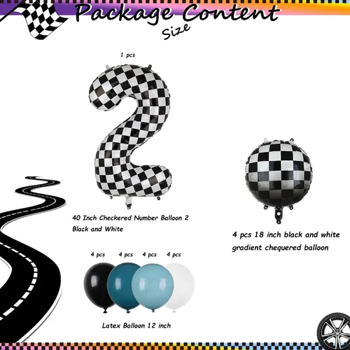 Miniatura 2 de Paquete de globos de auto de carreras azul y negro de 40 pulgadas, globo de números a cuadros 2 en blanco y negro, globos de látex para niños, dos