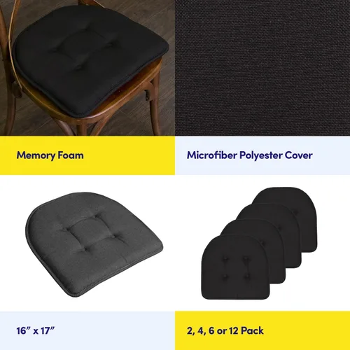 Miniatura 6 de Sweet Home Collection - Cojín de asiento de espuma viscoelástica y respaldo de caucho antideslizante con capitoné para silla, cojín en U, 17x16 Negro
