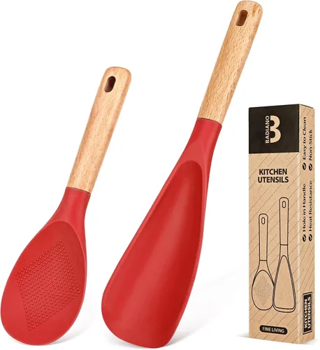 Miniatura 10 de Cuchara de cocina y cuchara de arroz para utensilios de cocina antiadherentes, ideal para cocinar y servir silicona mate resistente sin BPA, cuchara