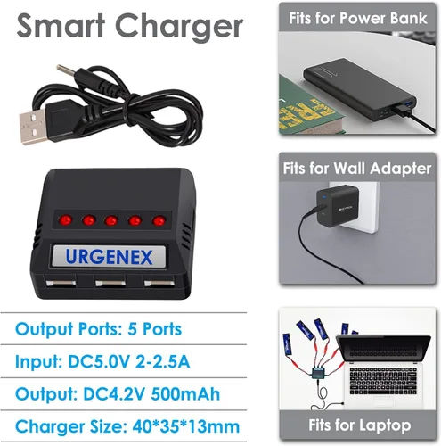 Miniatura 5 de 3.7 V Lipo Batería 600 mAh con JST Plug 1S Li-Po Batería con Cargador de Batería X5 para UDI U817 U817A V959 V222 V929 RC Drone Quadcopter 5PCS