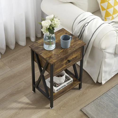 Miniatura 6 de VECELO - Mesita de noche moderna, mesa auxiliar de cabecera con cajón y estante de almacenamiento para sala de estar y dormitorio, marco de metal