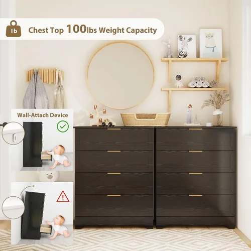 Miniatura 8 de FTZxHKLX Cómoda moderna de 4 cajones para dormitorio, cómoda alta con cajón grande y asas de oro rosa, organizador de almacenamiento de madera, Negro
