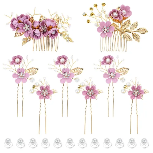 Miniatura 11 de inSowni - Juego de 20 peines laterales elegantes de color azul polvoriento con flores para novias, accesorios para el cabello para bodas, pinzas