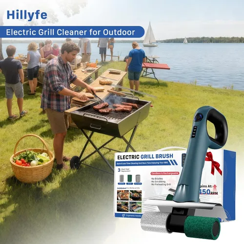 Miniatura 6 de Hillyfe Cepillo de parrilla para exterior, cepillo de parrilla recargable inalámbrico con 3 cabezales de cepillo, cepillos de limpieza eléctricos