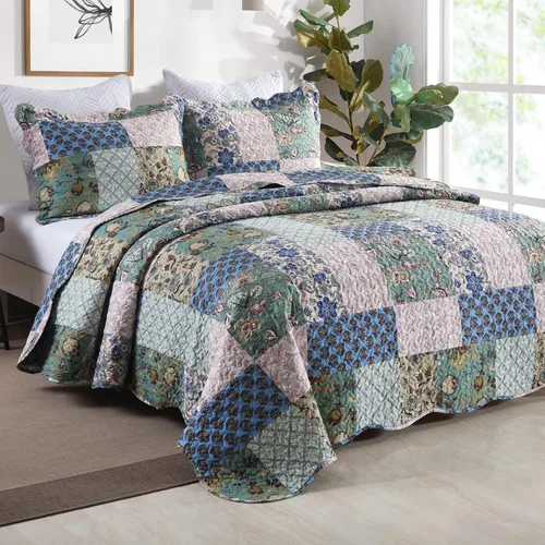Miniatura 2 de MarCielo Juego de colcha acolchada de 3 piezas, colcha estampada, juego de ropa de cama, manta, colcha ligera (flor azul, Queen) (B026_Q)