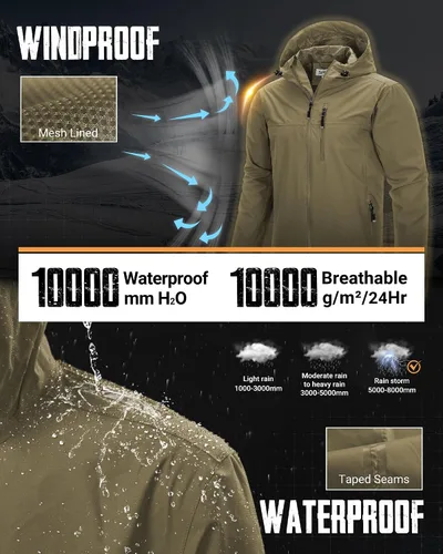 Miniatura 3 de 33,000ft Chaqueta de lluvia plegable para hombre, chaqueta ligera impermeable con capucha, impermeable tipo gabardina para ciclismo