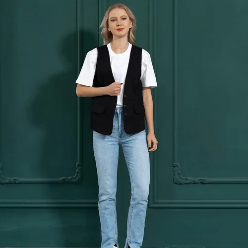 Miniatura 3 de Dongfeng Chaleco sin mangas de lino y algodón para mujer, casual, cuello en V, con botones