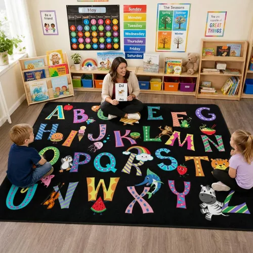 Miniatura 13 de Alfombra para Niños, Alfombra de Oruga Arcoíris ABC Letras del Alfabeto Tapete Educativo - 5x7 Pies Alfombra de Área de Aprendizaje con Respaldo