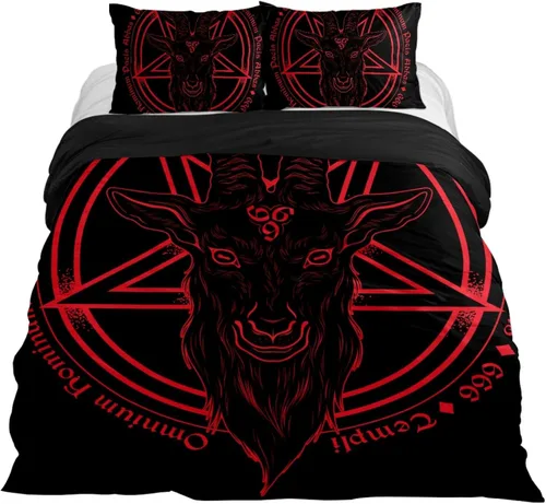 Miniatura 11 de Baphomet and Lucifer Bedding - Juego de funda de edredón de 3 piezas, tamaño Queen, funda de edredón con cierre de cremallera, 4 lazos en las Black02