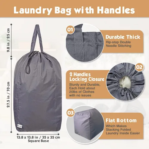 Miniatura 2 de Bolsa de lavandería de viaje lavable con asas y cordón (paquete de 2), resistente lo suficientemente grande como para contener 3 cargas de Gris