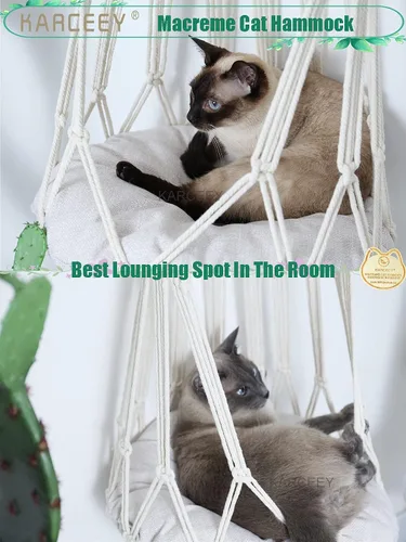 Miniatura 6 de KARCEEY Hamaca de macramé para gatos, cama colgante de macramé para gatos con cojín de hierba gatera y kit para colgar