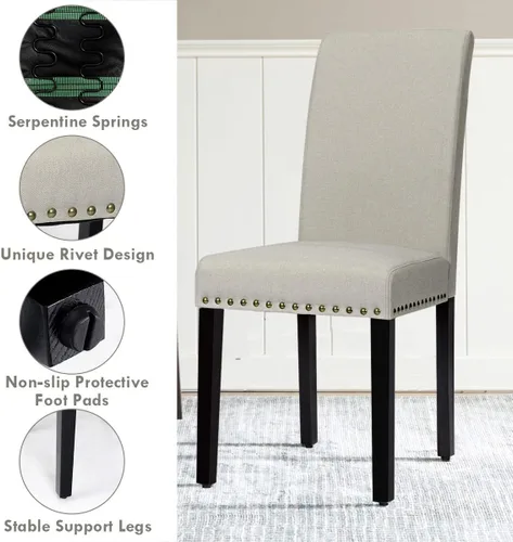 Miniatura 5 de Giantex Juego de 2 sillas de comedor tapizadas, sillas laterales de tela con patas de madera, asiento acolchado suave, ribete de cabeza de clavo