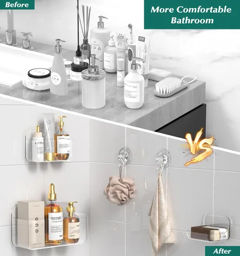 Miniatura 4 de Estantes de Ducha, Paquete de 5 Organizadores Adhesivos de Acrílico Transparente para Baño, Organizador Transparente para Ducha sin Taladro, Montaje