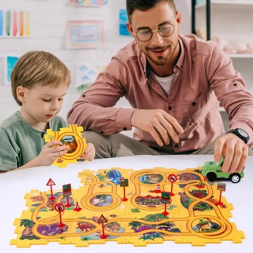 Miniatura 4 de VESPRO Juego de pista de autos para niños de 100 piezas - 4 series de rompecabezas de carreras para niños pequeños, juguetes educativos para niños