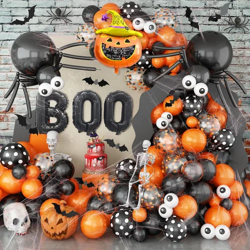 Kit de Guirnalda de Arco de Globos de Halloween, 126 Piezas, Globos Negros y Naranjas con Globos de Calabaza BOO, Murciélagos de Aluminio, Globos de