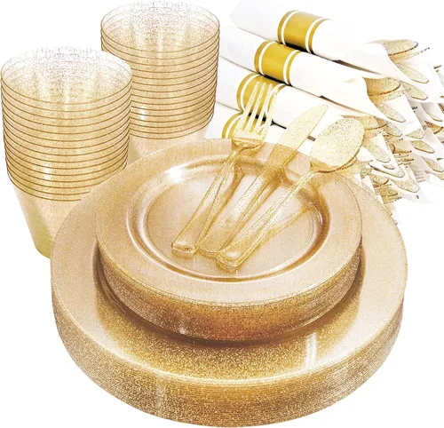 Miniatura 11 de DaYammi - 180 piezas de platos de plástico dorados, cubiertos de plástico desechables dorados, incluyen: 30 platos de comida, 30 platos de postre