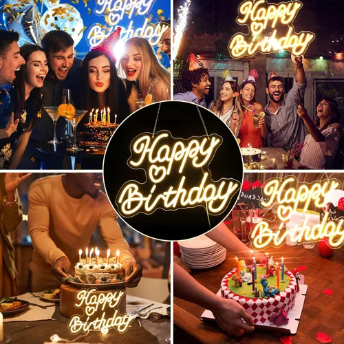Miniatura 5 de Retisee Letrero de neón de feliz cumpleaños, luz LED blanca cálida, luz USB, fondo iluminado ajustable, brillo ajustable, decoración de pared