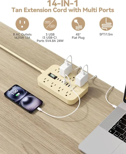 Miniatura 2 de Beige Power Strip with USB Ports - 5 FT Flat Extension Cord, 1625W Decorative Extension Cord with 8 AC Outlet 6 USB, Indoor Use for Beige Cream Desk