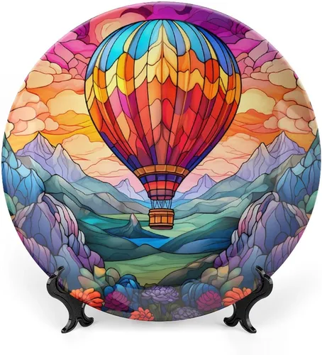 Platos decorativos, globo de aire caliente de color brillante, pintura de vitrales, plato de cena de cerámica con soporte de exhibición, decoración