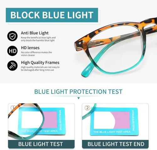 Miniatura 4 de Paquete de 4 gafas de lectura para mujeres y hombres, montura cuadrada con bloqueo de luz azul para computadora con bisagra de resorte, anti fatiga