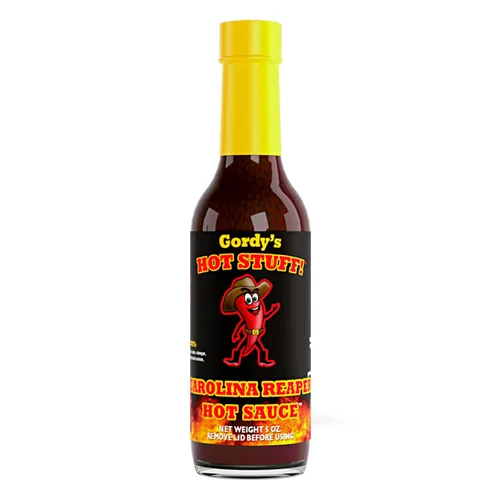 Gordy's Hot Stuff! Salsa picante gourmet, hecha en Texas con chiles rojos para un sabor rico y complejo, hecha a mano en pequeños lotes, totalmente