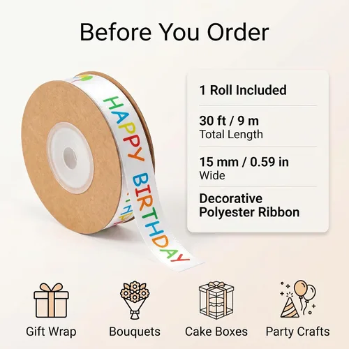 Miniatura 9 de Rollo de cinta de feliz cumpleaños para envoltura de regalos, 0.591 in x 30 pies, cinta de regalo de cumpleaños impresa blanca para manualidades