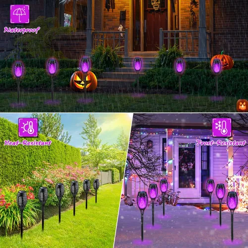 Miniatura 3 de IkeeRuic Decoraciones de Halloween al aire libre, luces solares de Halloween moradas con llama parpadeante, luces solares para decoración de patio