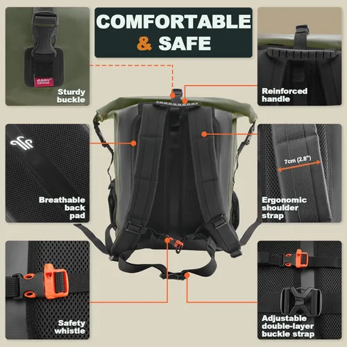 Miniatura 4 de OSAH DRYPAK Mochila impermeable Bolsa seca – Mochila de senderismo enrollable para viajes, kayak, canotaje, camping y pesca, Verde, Ocio