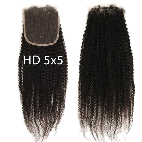Miniatura 25 de Afro Kinky Curly 5x5 HD Cierre de encaje prearrancado con borde rizado de bebé 4B 4C, cierre de encaje HD de cabello humano transparente