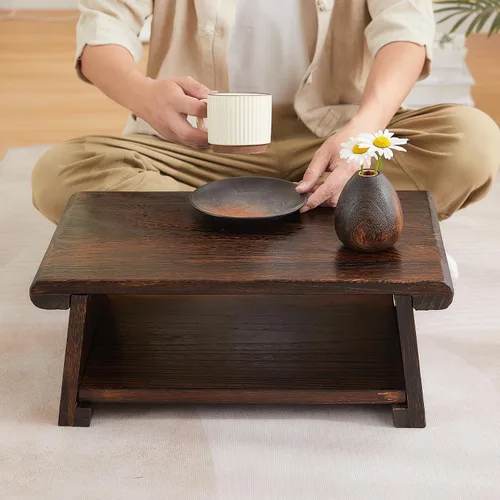 Miniatura 2 de Mesa de altar japonesa, mesa de piso plegable, pequeña mesa de meditación baja de madera, mesa de centro para sala de estar, marrón, 19.7 x 11.8 x