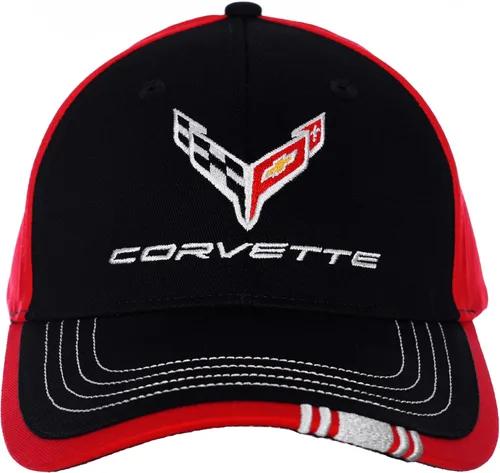 JH DESIGN GROUP Gorra con logotipo Chevy Corvette C8 ajustable para hombre, color rojo y negro