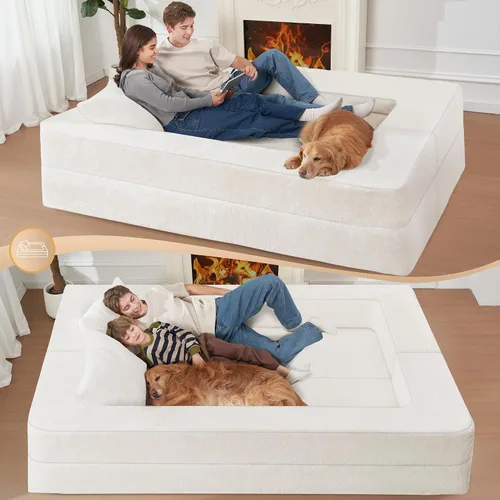 Miniatura 7 de Cama humana gigante para perro, cama 3 en 1 para perro de tamaño humano con funda de piel sintética lavable, cama grande plegable humana para Blanco