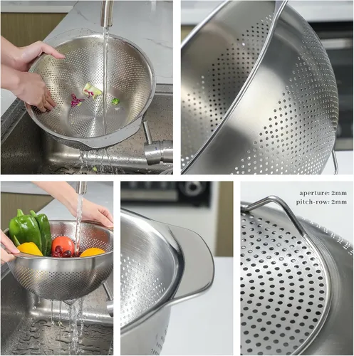 Miniatura 6 de Colador de Micropozos de Acero Inoxidable 18/8, Gran Capacidad de 2.5 Cuartos con Mango, Cesta Coladora de Alimentos de Cocina para Lavar Verduras