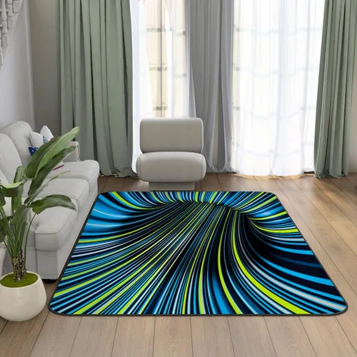 Miniatura 2 de Alfombra de ilusión óptica 3D azul y verde, patrón geométrico de remolino, para dormitorio, sala de estar, decoración de interiores, 63 x 47