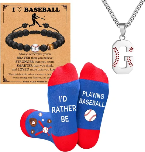 Miniatura 10 de Juego de regalos de béisbol, collar de fútbol con letras A-Z para hombres, calcetines de béisbol y pulseras de béisbol para amantes del béisbol