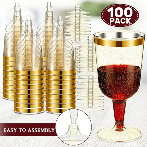 Miniatura 2 de CHENGU 100 copas de vino de plástico de 7 onzas con borde dorado con base extraíble para bodas, fiestas, cumpleaños, aniversario, brindis de champán