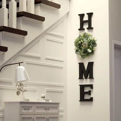Miniatura 4 de Letras de madera para el hogar con corona de eucalipto artificial moderno decorativo colgante de casa de campo para sala de estar y cocina, Negro