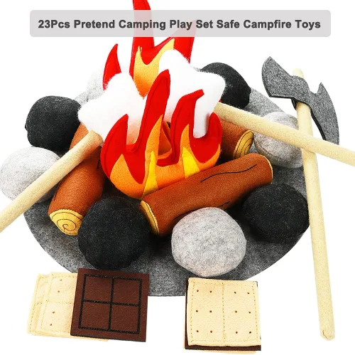 Miniatura 2 de 23 piezas de juguetes de fogata de simulación, juego de fogata de felpa y fieltro para niños, juguetes seguros de fuego falso, madera y piedras