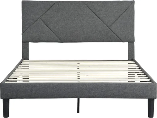 Miniatura 3 de Base de cama de plataforma de tamaño matrimonial con cabecera tapizada de tela y soporte de listones de madera, base de colchón totalmente tapizada