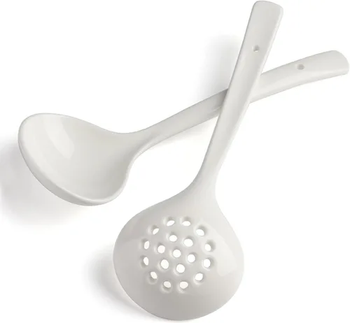 Miniatura 5 de Juego de 2 cucharones de cerámica con cucharón grande para sopa con espumadera, cucharones ranurados, cucharones de cocina, cucharas coladoras