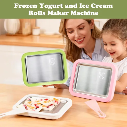 Miniatura 6 de Máquina para hacer helados enrollados, bandeja casera para yogur con 2 espátulas, helado para el hogar, plato frío instantáneo, verde