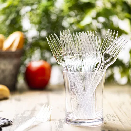 Miniatura 6 de GUSTO [Paquete de 100] Tenedores de plástico transparente pesado con diseño grabado, utensilios de plástico resistentes desechables para fiestas